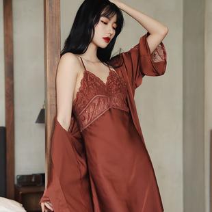 薄款性感蕾丝吊带裙冰丝两件套透明带胸垫情趣春秋睡衣睡裙女夏季