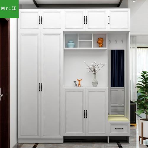 简约门厅柜鞋柜衣帽柜储物柜 带挂衣架一体镜子带换鞋凳 靠墙玄关