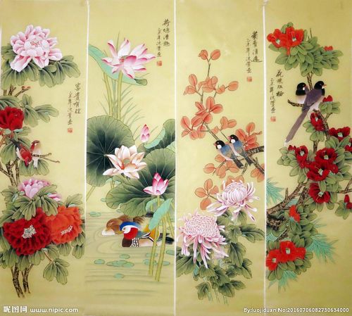 工笔花鸟四条屏图片