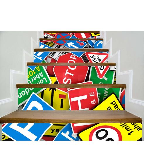 亚马逊新款创意交通标识贴纸diy翻新楼梯贴可移走廊台阶地贴批发