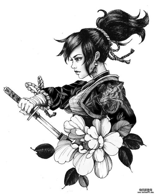 黑灰女剑客纹身图案