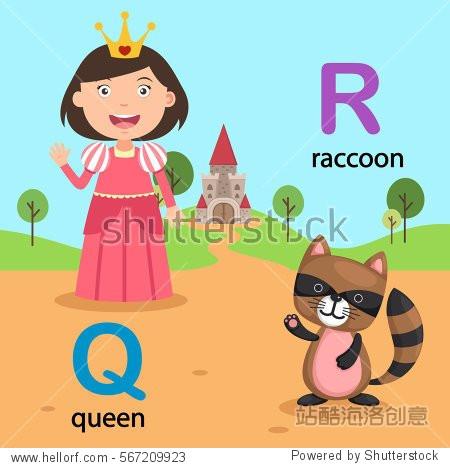 illustration isolated alphabet letter q-queen r-raccoon vector