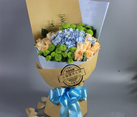 混搭花束玫瑰花邹菊绣球橘梗上海同城情人节鲜花