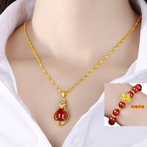 正品四叶草纯万足真金项链女款金镶玉水滴吊坠百搭黄