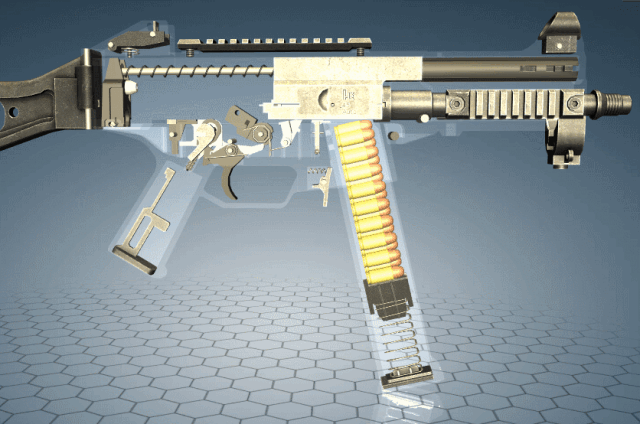 在自由枪机式自动方式的自动循环中,子弹的发射药一旦被点燃,枪机就