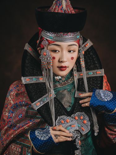 蒙古袍|传统喀尔喀牛角帽蒙古族女性造型_设计_服饰_婚纱照_摄影_草原