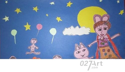 庆祝中秋佳节儿童画作品欣赏嫦娥玉兔与我们共欢乐节日儿童画