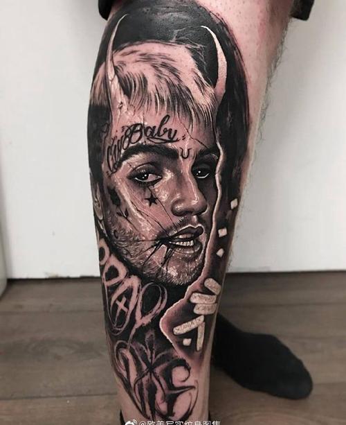 小腿写实欧美人物肖像纹身图案