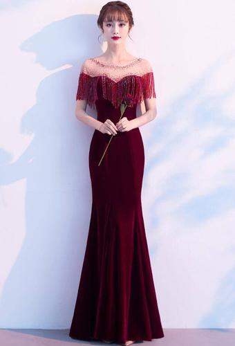 nsclf138女士长礼服酒红色吊珠鱼尾长礼服l1