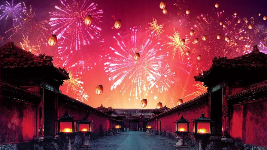 元宵节街道灯火通明烟花璀璨