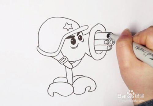 接着画出机枪射手的身体,画出茎,根部画上四片叶子,并画出它的五官