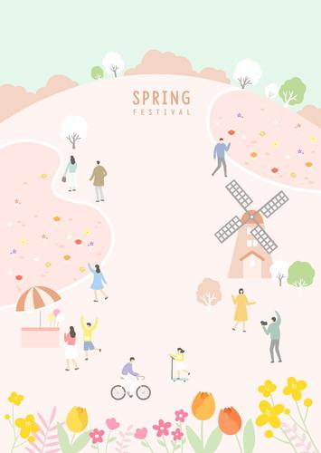 56款春夏田园郊游踏青野营朋友家庭聚会游玩手绘插画psd模板素材【791