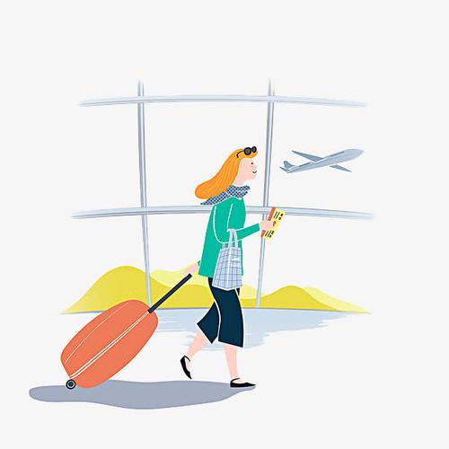 卡通手绘,装饰,拖着行李的人,飞机,行李箱,休闲旅游