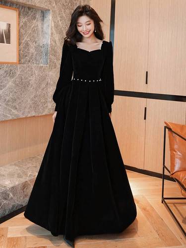 黑色丝绒晚礼服裙女2021新款年会指挥大码主持人艺考高级感连衣裙