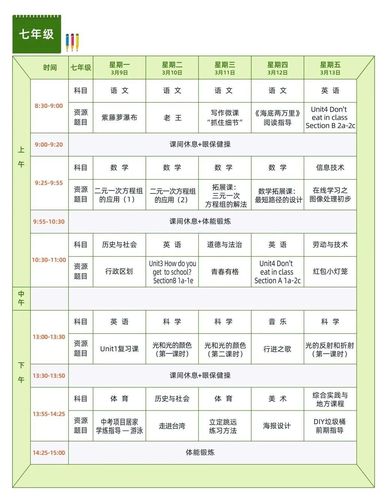 第五学习周(3月9-13日)初中最新课程表也新鲜出炉,赶紧安排起来!