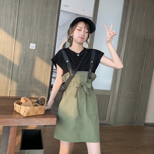 背带裙套装女夏季2019新款韩版宽松流行减龄收腰工装吊带连衣裙子