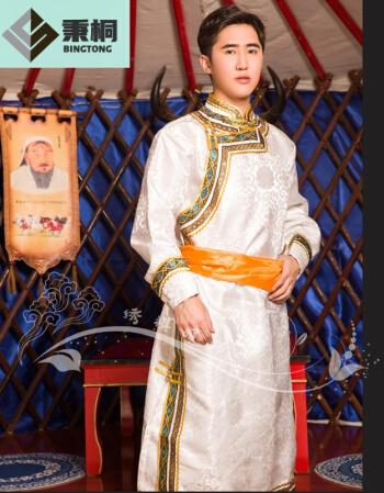 秉桐蒙古族服装男蒙古士新款民族服饰长款白色蒙古袍蒙族演出服舞蹈服