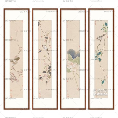 工笔花鸟四联装饰画新中式挂画骆兆虎春花四屏材质贴图下载