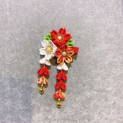 新品和风发饰扇子樱花流苏发夹发簪细工流苏花团和服头饰紫色