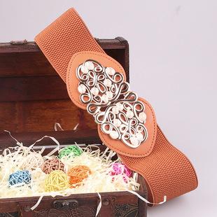 韩版宫廷复古雕刻花朵装饰对扣超宽腰带 女士民族松紧腰带