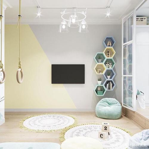 电视背景墙——马卡龙撞色外加六边形蜂巢储物格子.