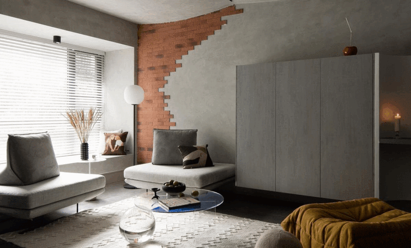 装修案例130㎡水泥灰的艺术漆半墙红砖利用山水的元素来装点新房