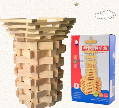 厂家直销 100片建筑棒木条片积木堆塔木