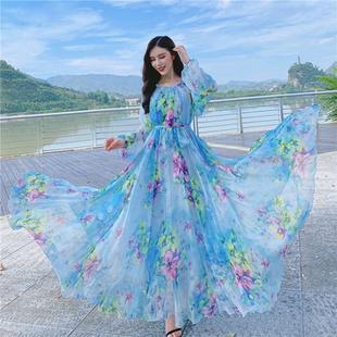 长裙长袖连衣裙长款脚踝宽松大码印花雪纺连衣裙大摆沙滩裙子