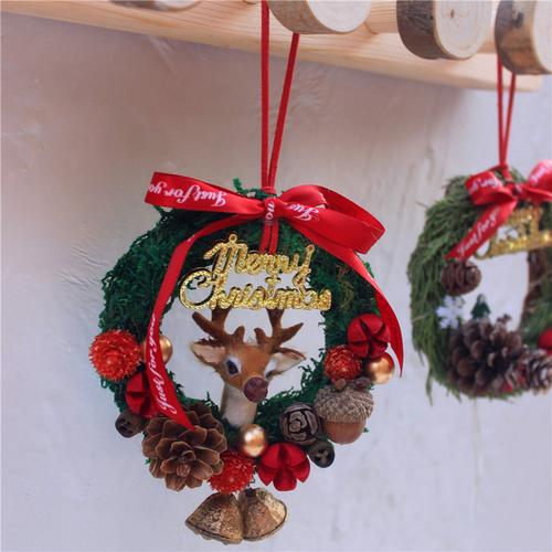 一折圣诞花环diy材料包_圣诞永生花环小麋鹿车挂圣诞礼物松果手工diy