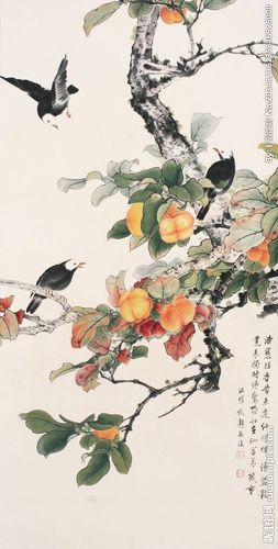 【田世光国画 ---- 柿子小鸟图】