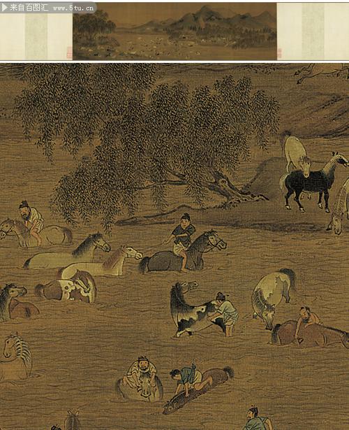 古画工笔 洗马图_明_佚名 -古代绘画-百图汇素材网