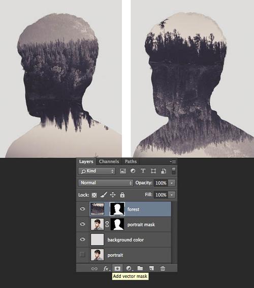 11,选中抠图人像的蒙版图层,制作一个副本(ctrl j),并将其拖放至森林