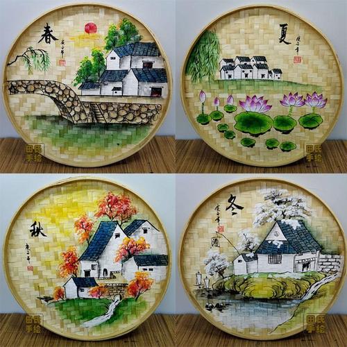 手绘竹编簸箕画春夏秋冬装饰画农家乐田园墙面挂件墙壁挂饰壁饰品