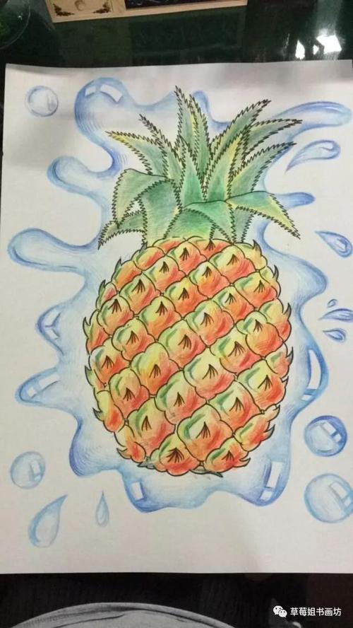 然后我们把纸胶带揭掉 用小号水粉笔沾取绿色颜料 画出菠萝的顶花