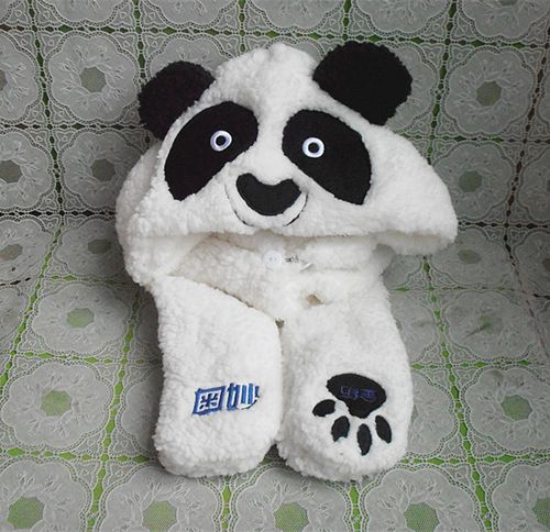 包邮 帽子围巾手套三件套女一体冬季天围脖套装熊猫保暖加厚帽   现价