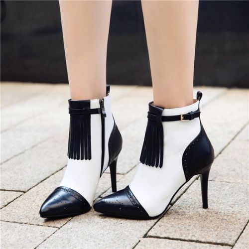 2017秋冬新款尖头细跟短靴高跟马丁靴真皮拼色女靴牛皮流苏时装靴红色