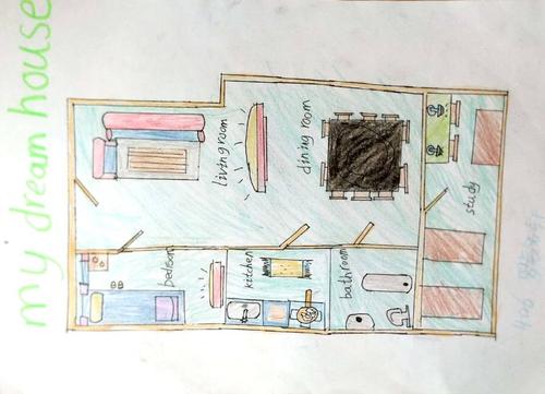 四年级全体同学一起参与了以"梦想的房子或学校"为主题的英语创意画