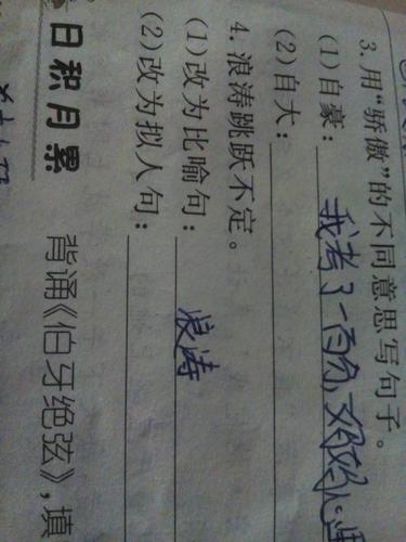 用骄傲的不同,写句子的第二小题怎么做?浪涛跳跃不定改为比喻句?