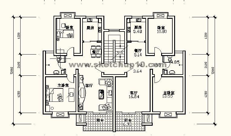 90多平米一梯两户户型建筑平面cad图纸
