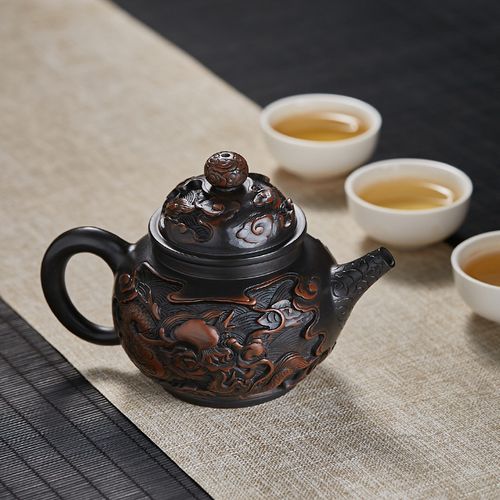 此时此刻云南建水紫陶茶壶掇球壶徐建老师手工雕刻茶壶