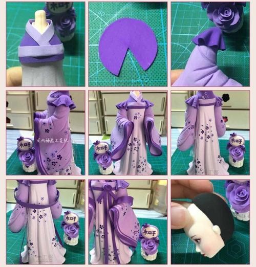 同时还要给人偶画上去表情的样子,人偶的衣服我们采用紫色的粘土来