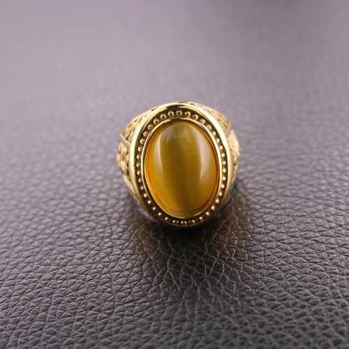 跨境电商爆款复古宝石龙不锈钢戒指新款金色猫眼石钛钢戒指男士