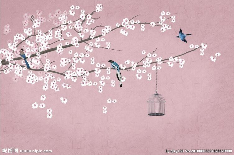 新中式手绘花鸟背景壁画壁纸图片