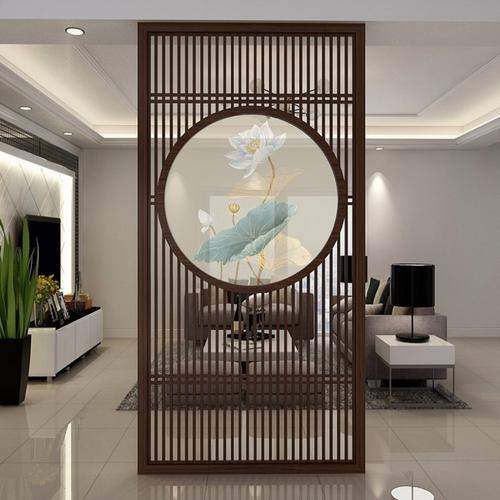 木质屏风新中式客厅实木带鞋柜子隔断双面圆形布艺画落地玄关座屏