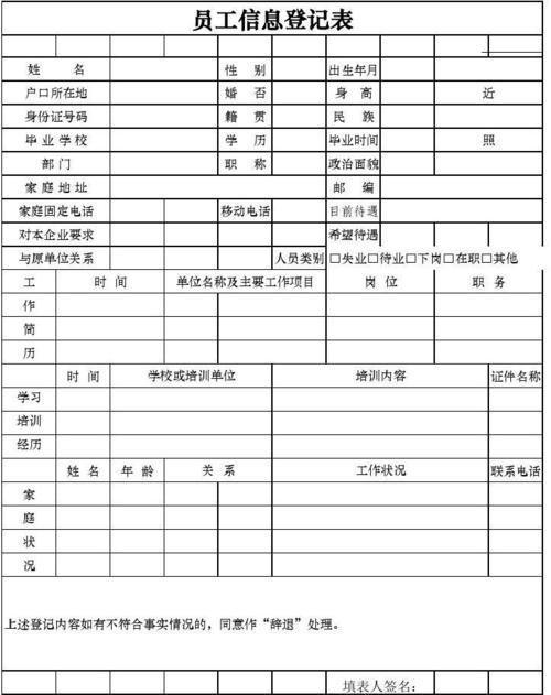 员工登记表格