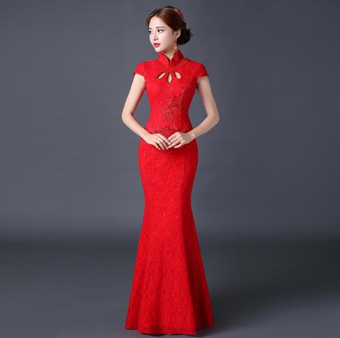 送头饰耳环】新娘旗袍长款红色蕾丝鱼尾修身中式结婚礼服回门嫁衣