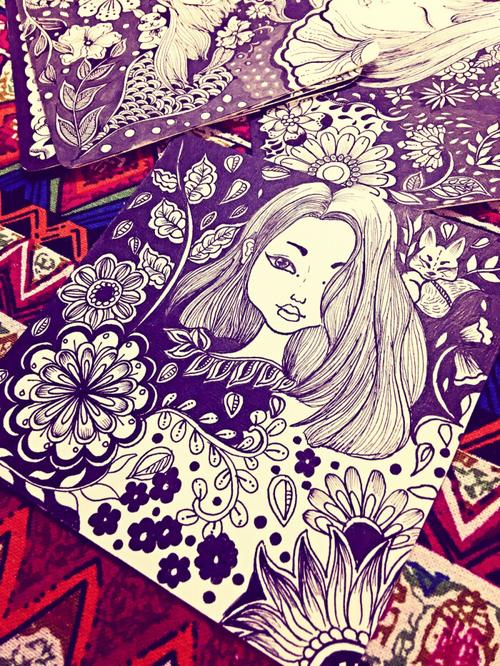 缠绕画,装饰画,手绘,插画,黑白装饰画,线描女孩