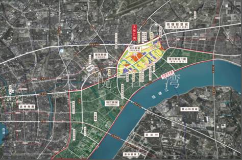 从西至北依次被城东新城,钱江新城,江湾新城,钱塘智慧城围合,形成众星