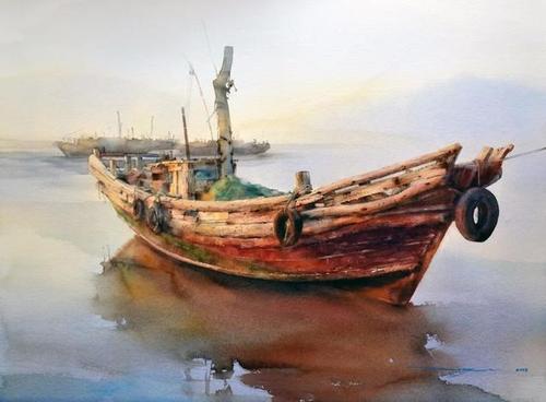 《立春》《静泊》是以渔船为主体物,大面积水做衬托宁静安详的画面