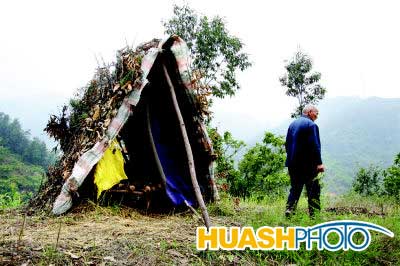 村民住在地头搭起的窝棚里以防野猪糟蹋庄稼